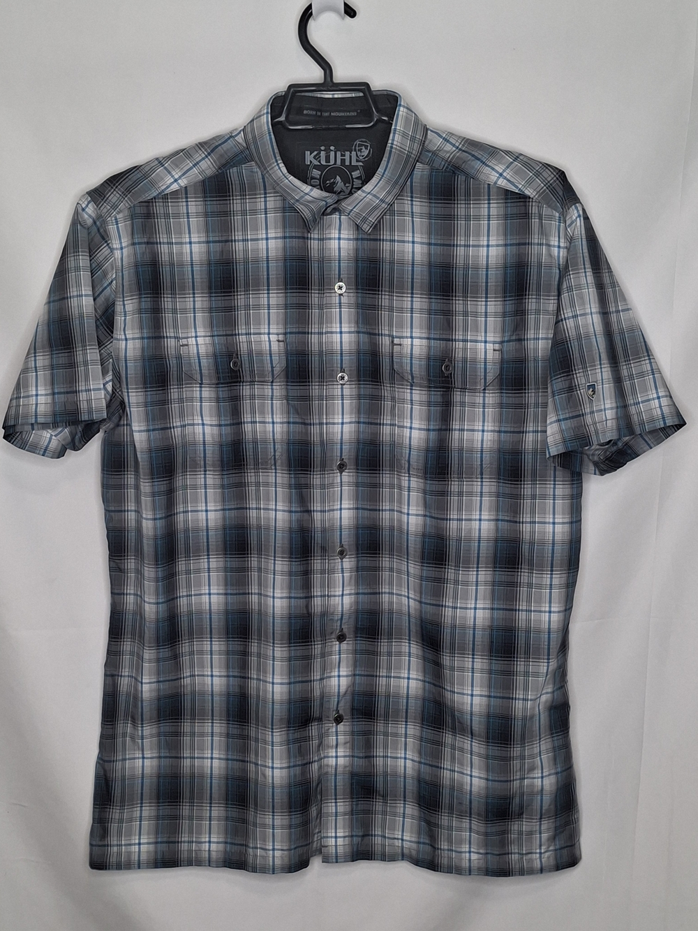 Kuhl Men's Short-Sleeve Plaid Button-Down Shirt in Blue and Gray Large